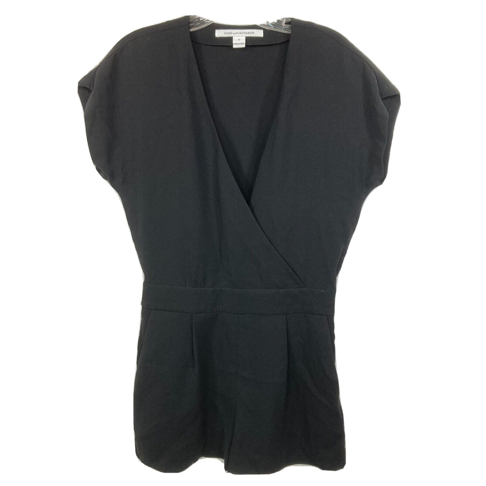 Diane Von Furstenberg Romper Womens Sz 0 Black Emerson‎ V Neck Short Sleeve